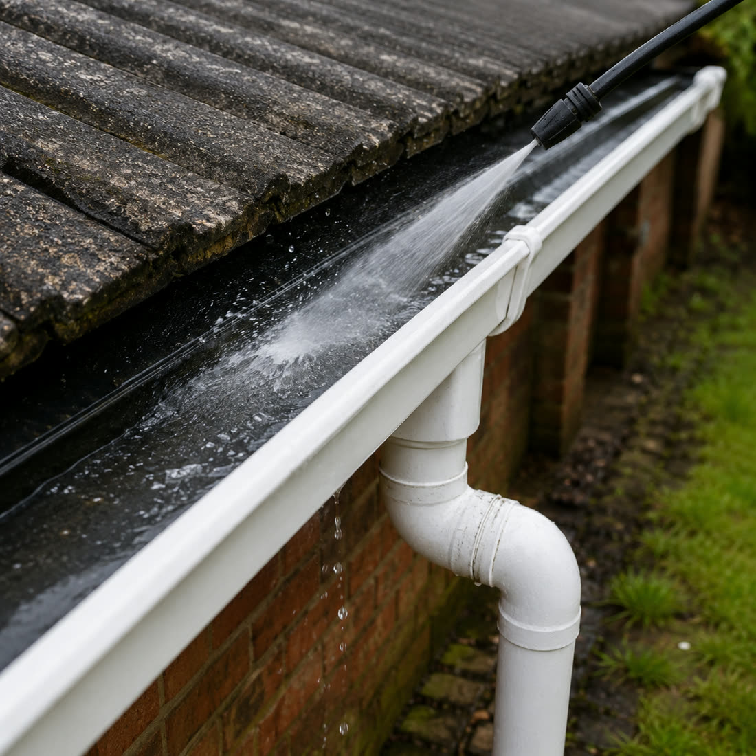 White gutter and downpipe being flushed with a pressure washer along a UK roofline