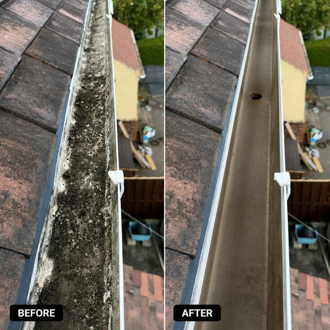 Blocked gutter run shown before and after clearing
