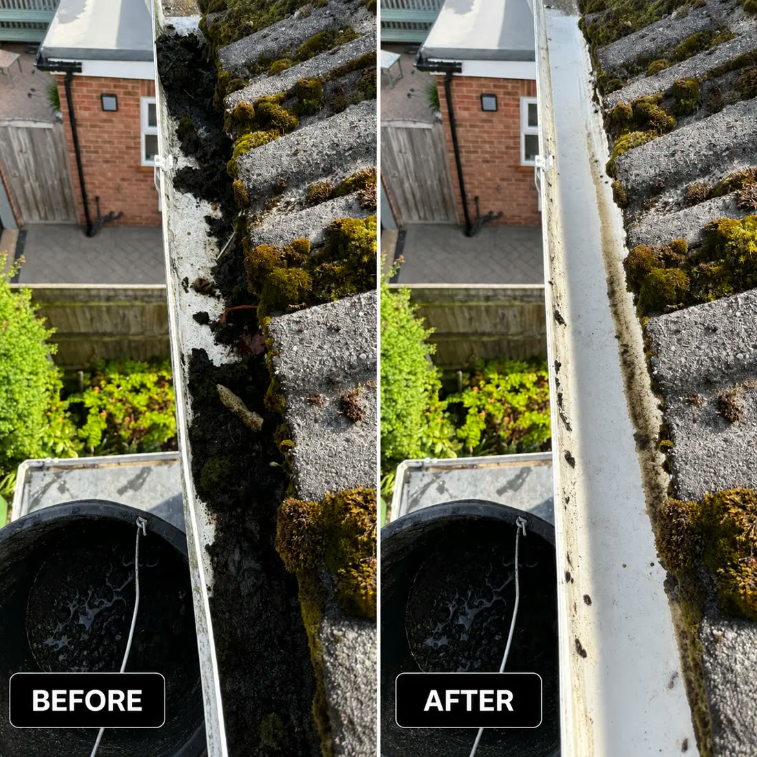 Mossy gutter shown before and after cleaning