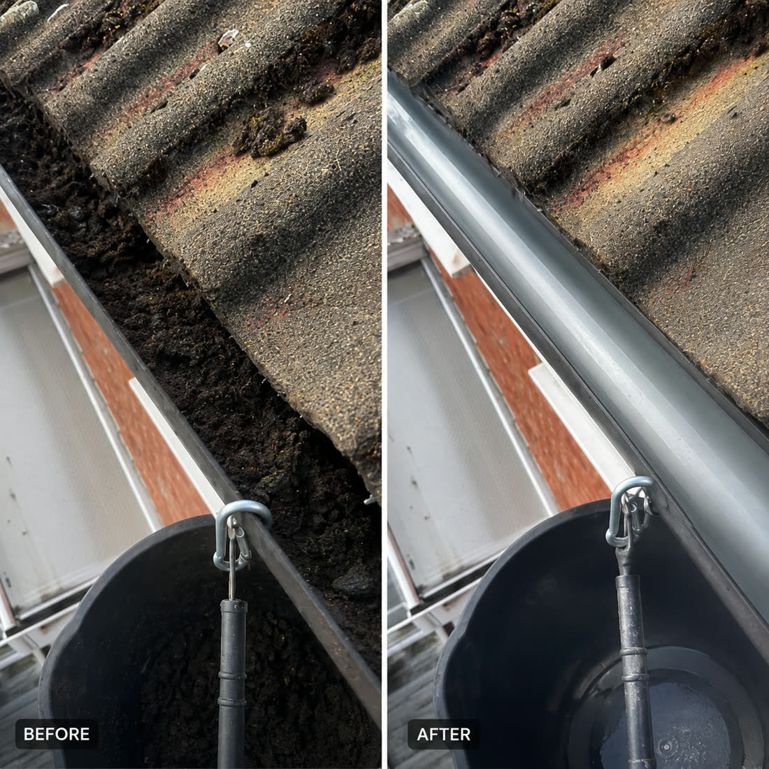 Gutter run half blocked with moss and half cleaned back to white UPVC