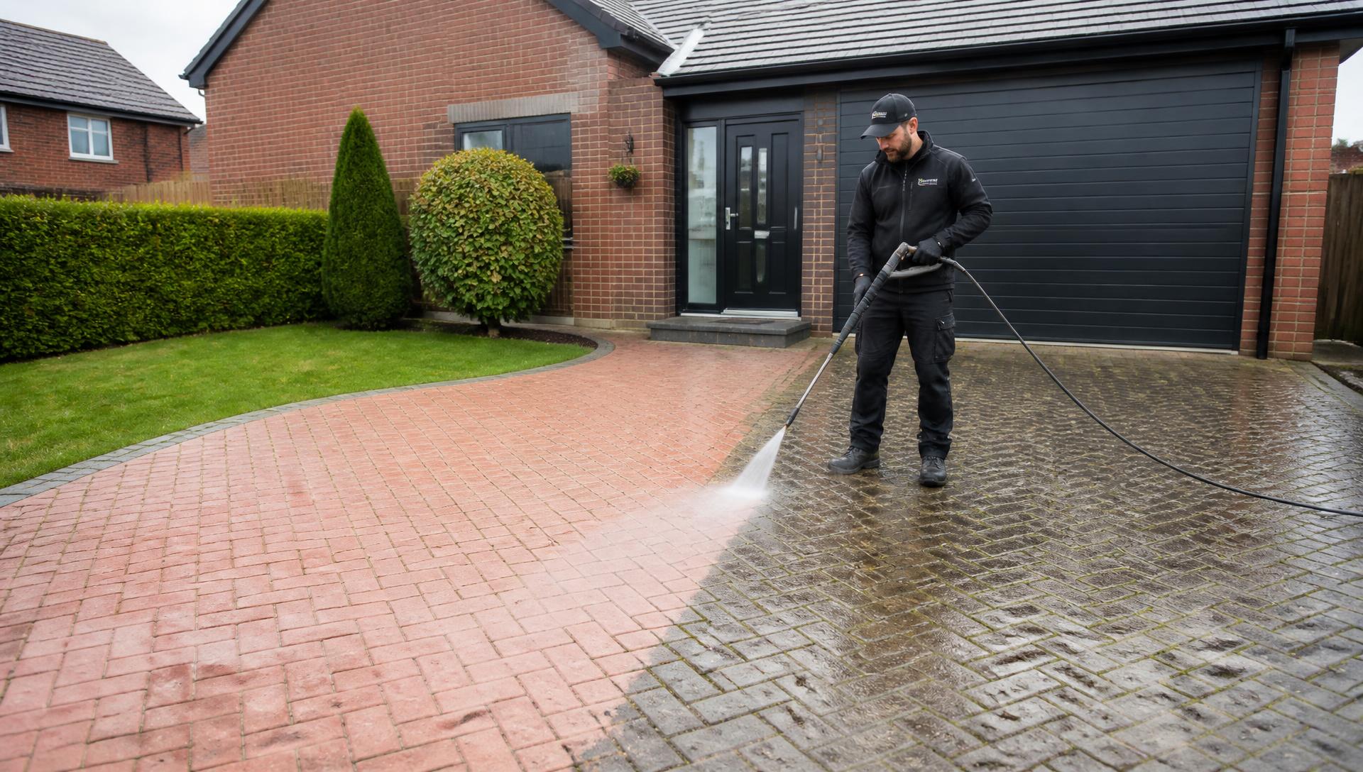 External cleaning technician pressure washing the exterior of a UK brick house