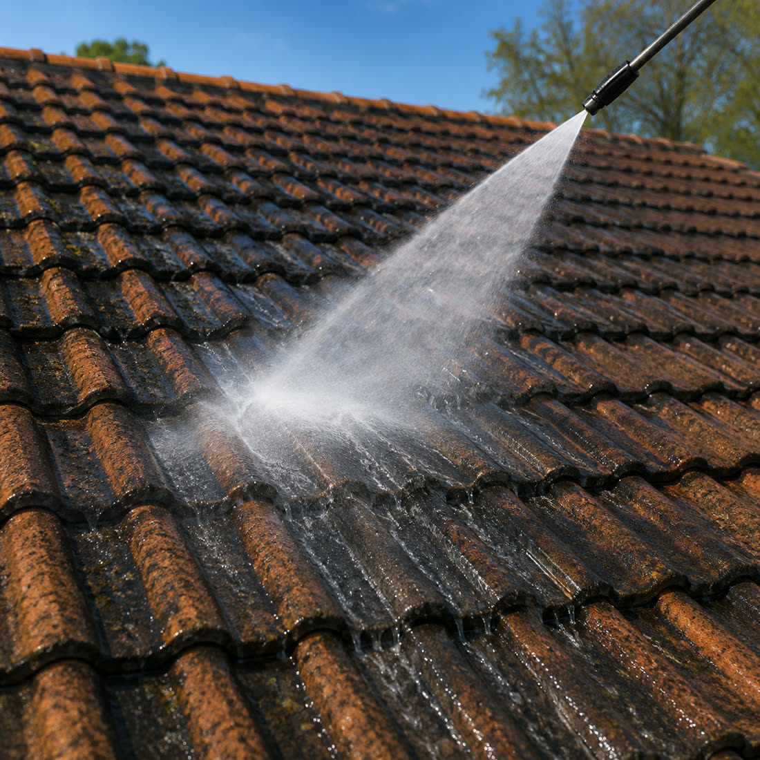 Roof tiles being pressure washed to remove moss and algae on a UK home