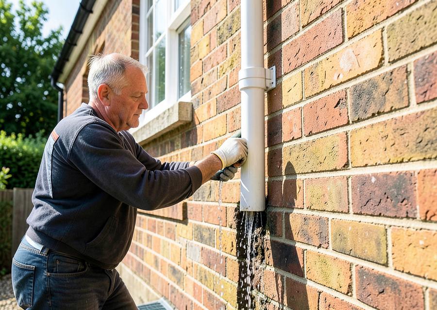 Downpipe on a brick house being unblocked and flushed through