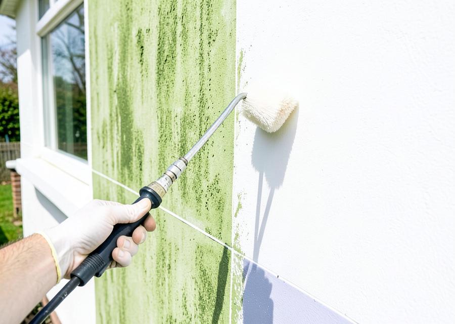 Exterior house wall being softly washed clean of green algae