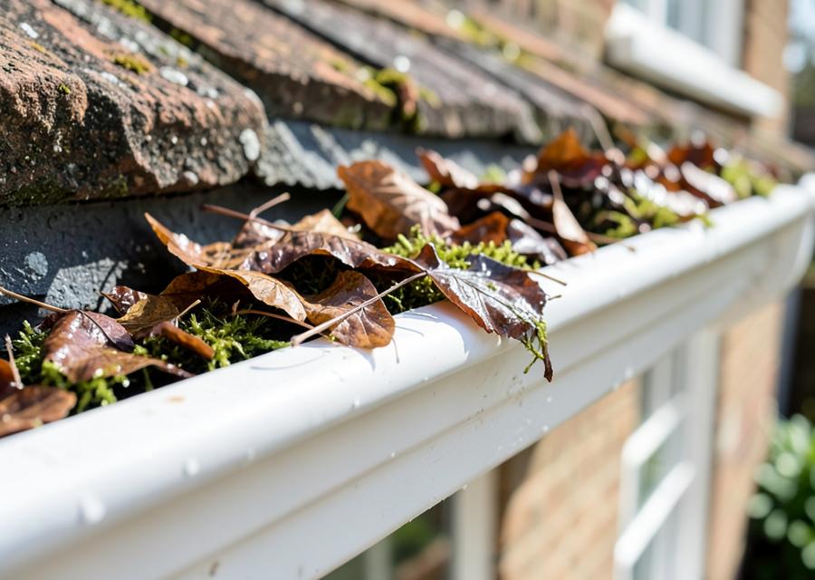 Blocked gutter on a UK house being cleared of moss and leaves