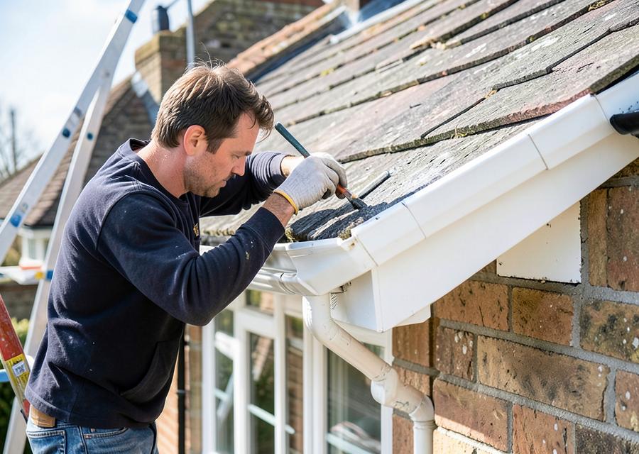 Guttering being repaired with a new joint and bracket on a UK home