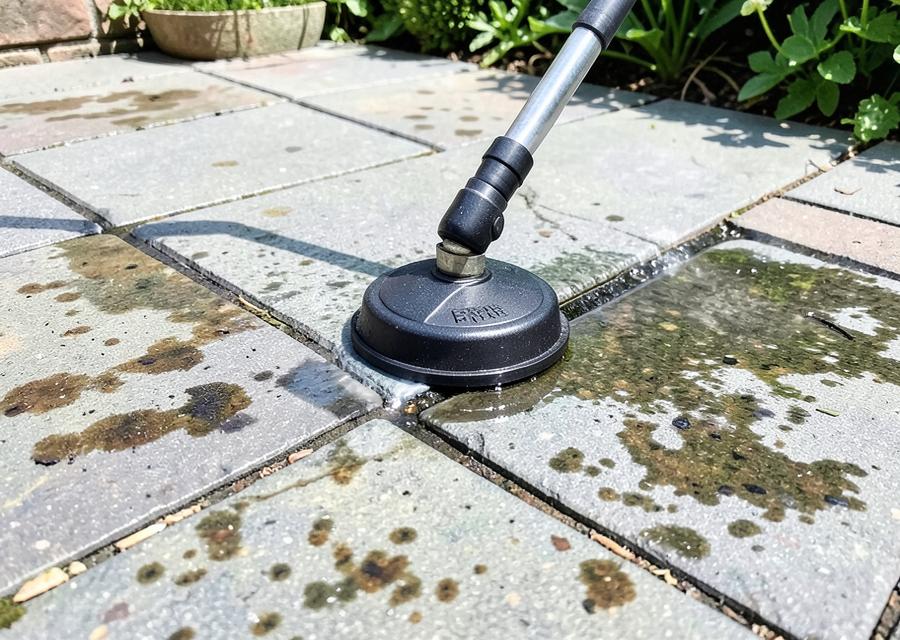 Patio slabs being pressure washed clean of algae and dirt