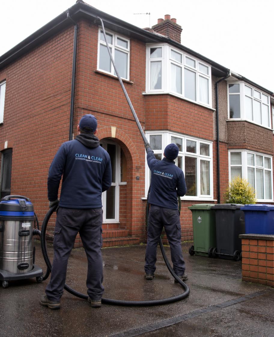 Ezy Flow technicians clearing gutters with a vacuum pole at a Yorkshire home